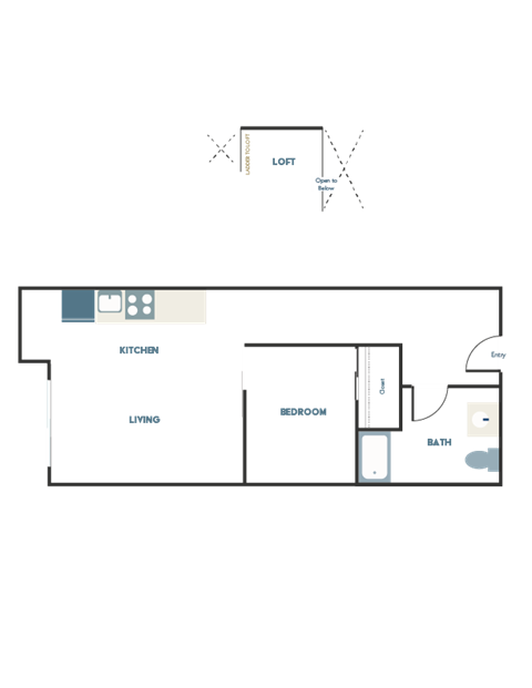A floor plan of a house with a kitchen, living room, bedroom, and bathroom.